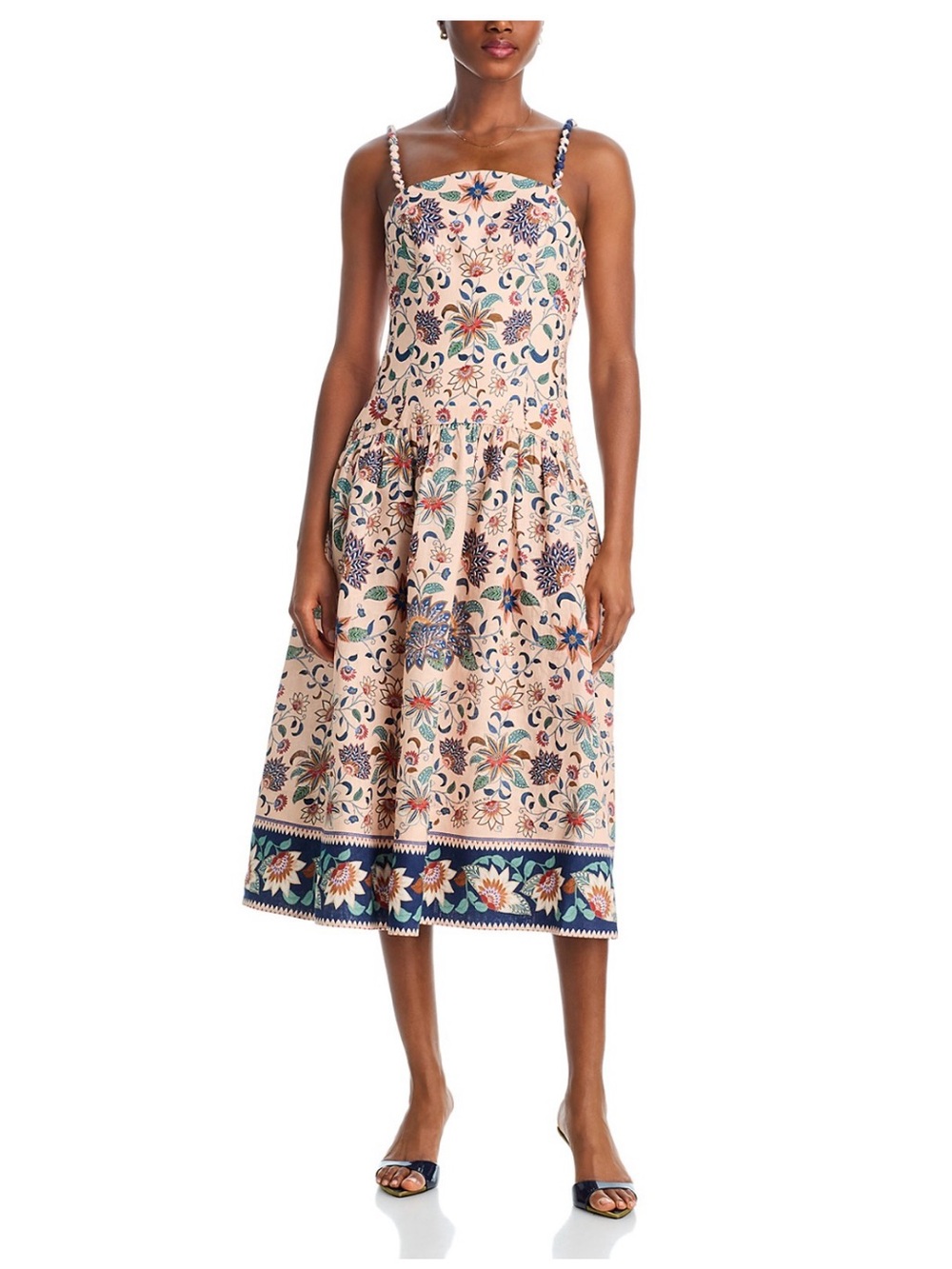 Farm Rio Floral Print Midi Sundress with Spaghetti Straps - Beige Multi